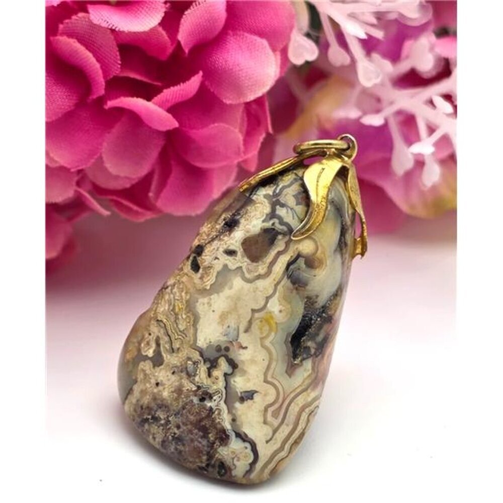 Crazy Lace Agate Pendant 43mm Gold Tone Bail Natural Polished Stone Charm
